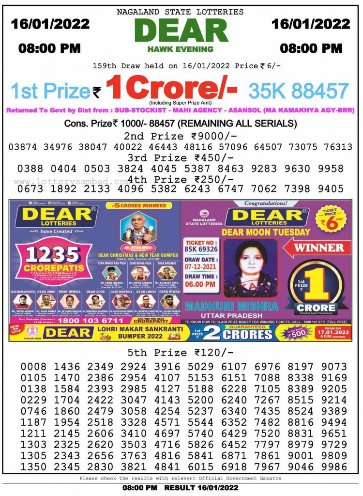 Dear Lottery 8 PM Result