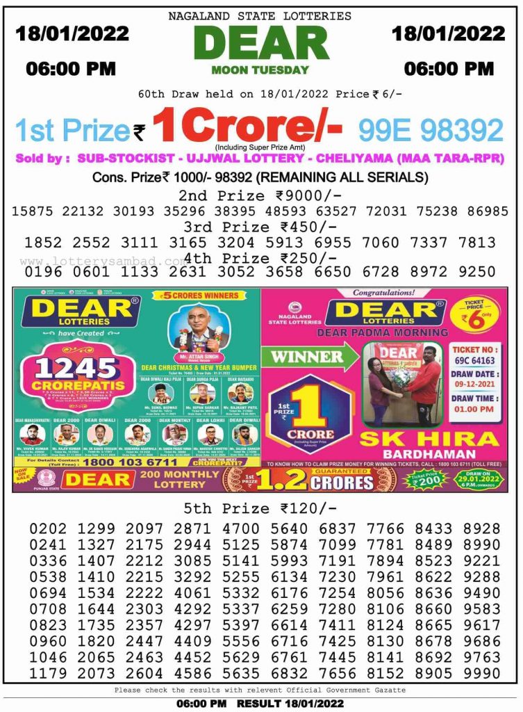 Dear Lottery 6 PM Result